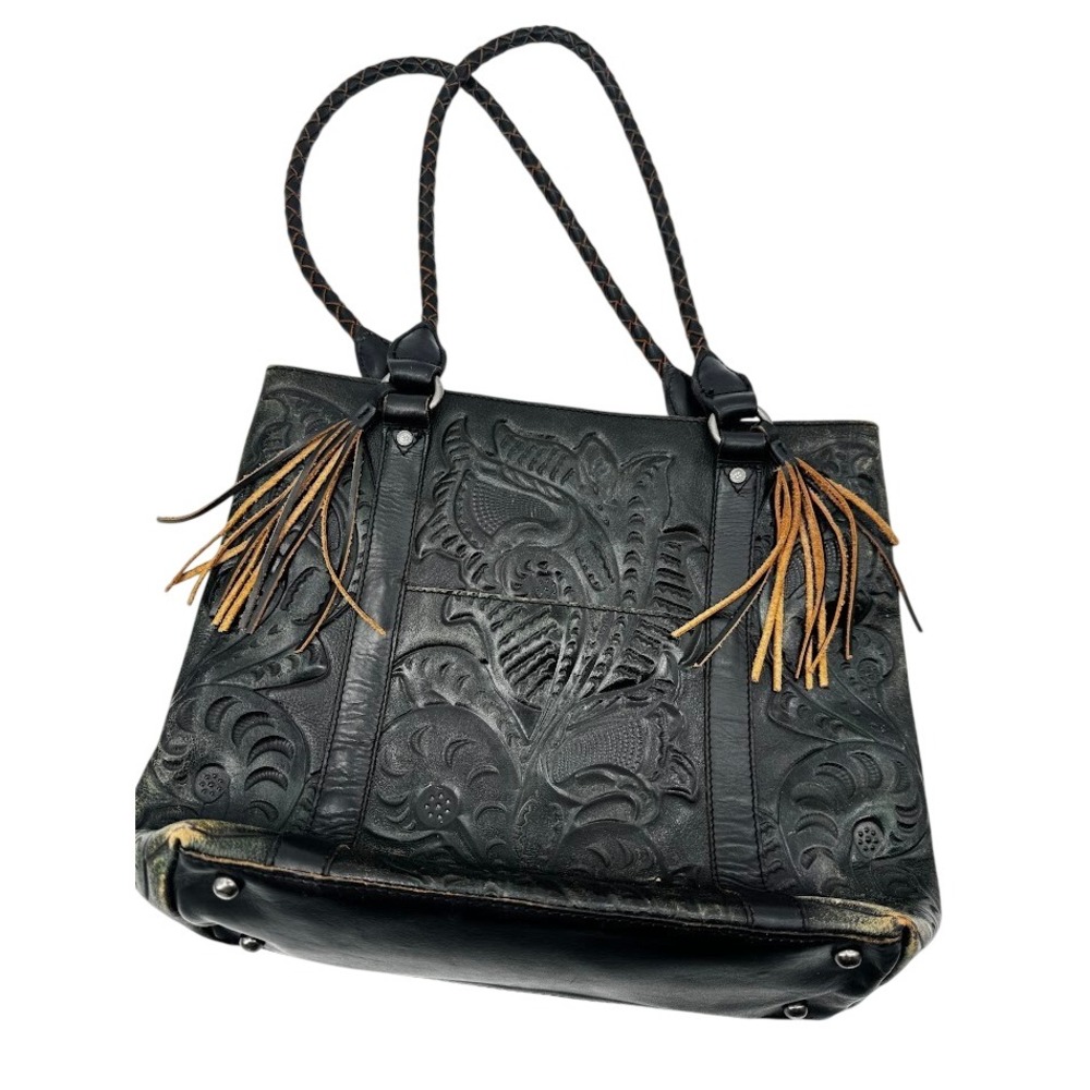 Patricia Nash Black Green Embossed Leather Floral Tote Bag Large Tassels